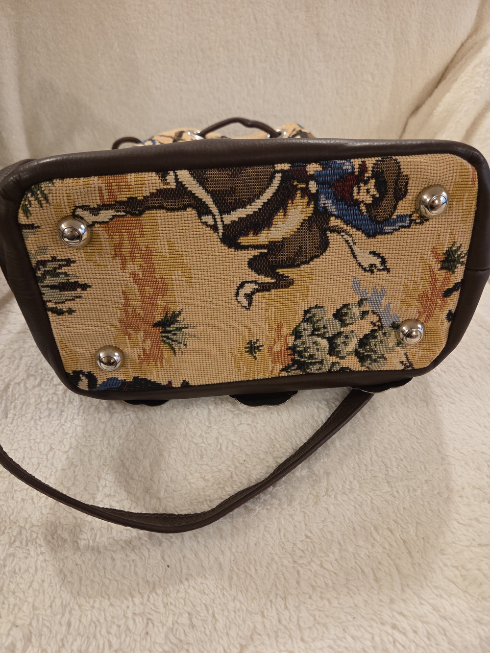 Vintage Southwestern Tapestry Bucket Bag | Western Leather Drawstring Purse - Picture 7 of 10